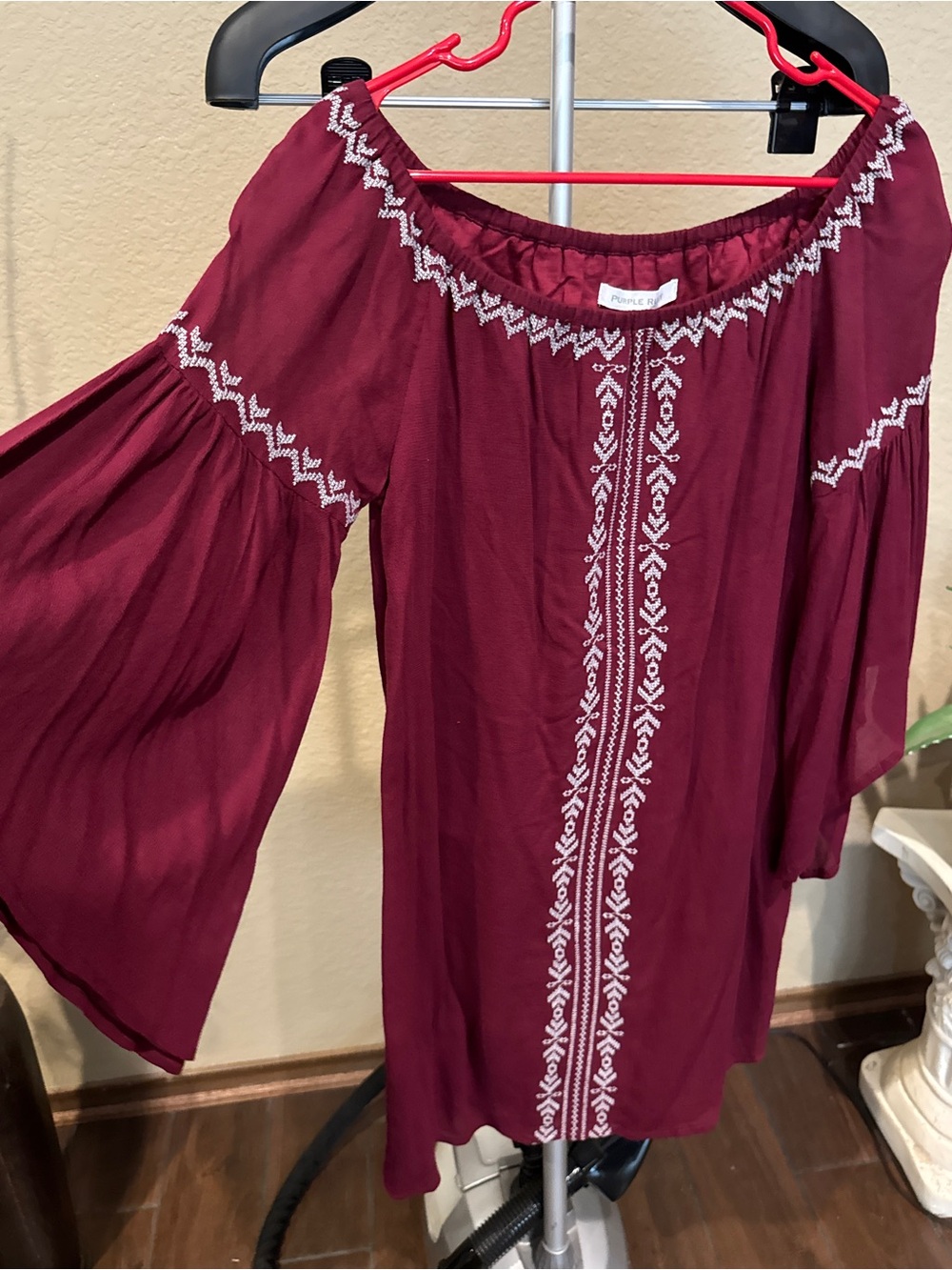 Maroon/Wine Boho Embroidered Off-Shoulder Dress /Tunic with Gray Detail
